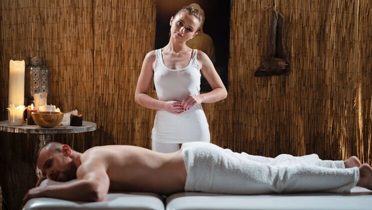 Oiled Masseuse Gives Blowjob and Gets Creampie