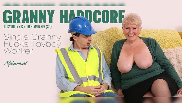 Naughty Granny Juicy Joolz Fucks Construction Worker on Sofa